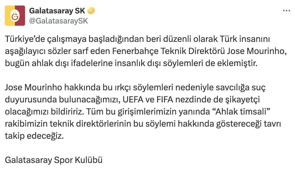 Galatasaray'ın resmi açıklamasına ek olarak, Galatasaray Sportif A.Ş. Başkan Vekili Abdullah Kavukçu, "Mourinho ile ilgili hukuksal her konuyu gündeme getireceğiz. Kime maymun dediğini açıklamakla yükümlü. TFF'nin ırkçılıkla ilgili gerekli adımları atması şart. Biz ırkçılık yapsaydık, ortalık ayağa kalkardı." şeklinde konuştu.